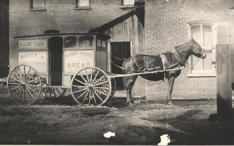 Photograph of horse and cart outside a house. The cart bears the words "B. L. Detlor, Baker & Confectioner, Home-Made B…